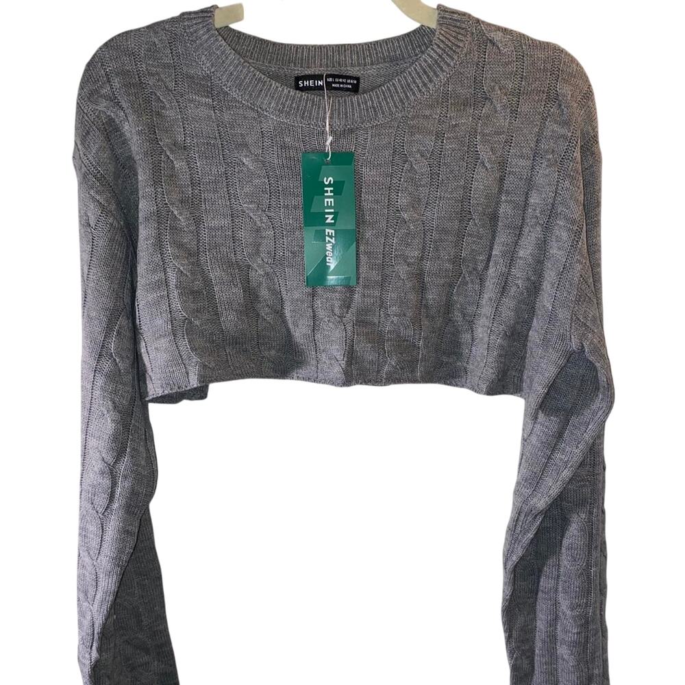 Grey Cropped Cable Knit Sweater